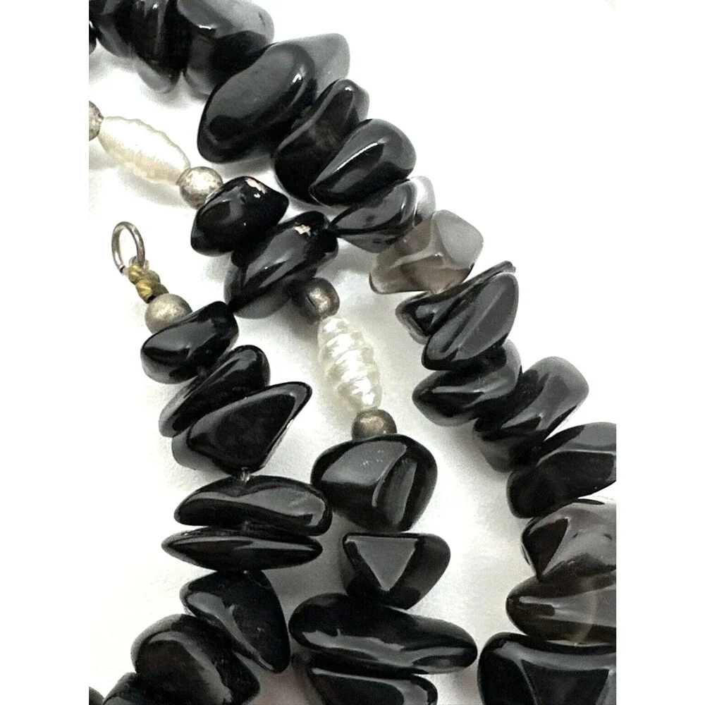 Vintage Black Onyx Quartz Bead Necklace Faux Pearl 925 Sterling Silver Clasp 19